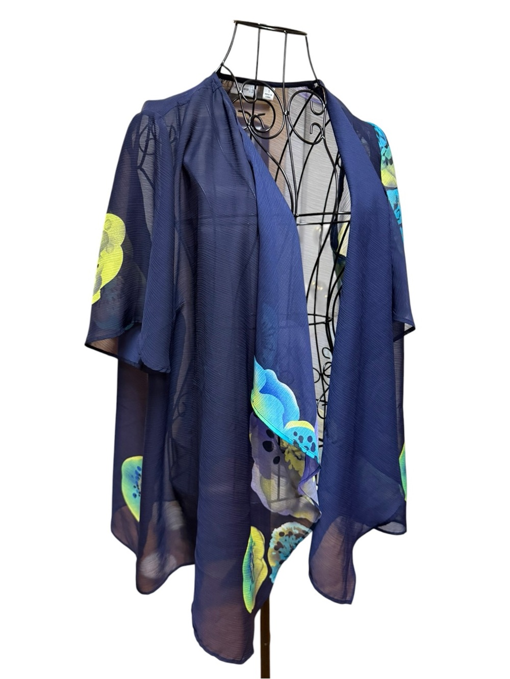 Susan Graver Navy Sheer Overlay with Teal and Lime Floral Highlights Small